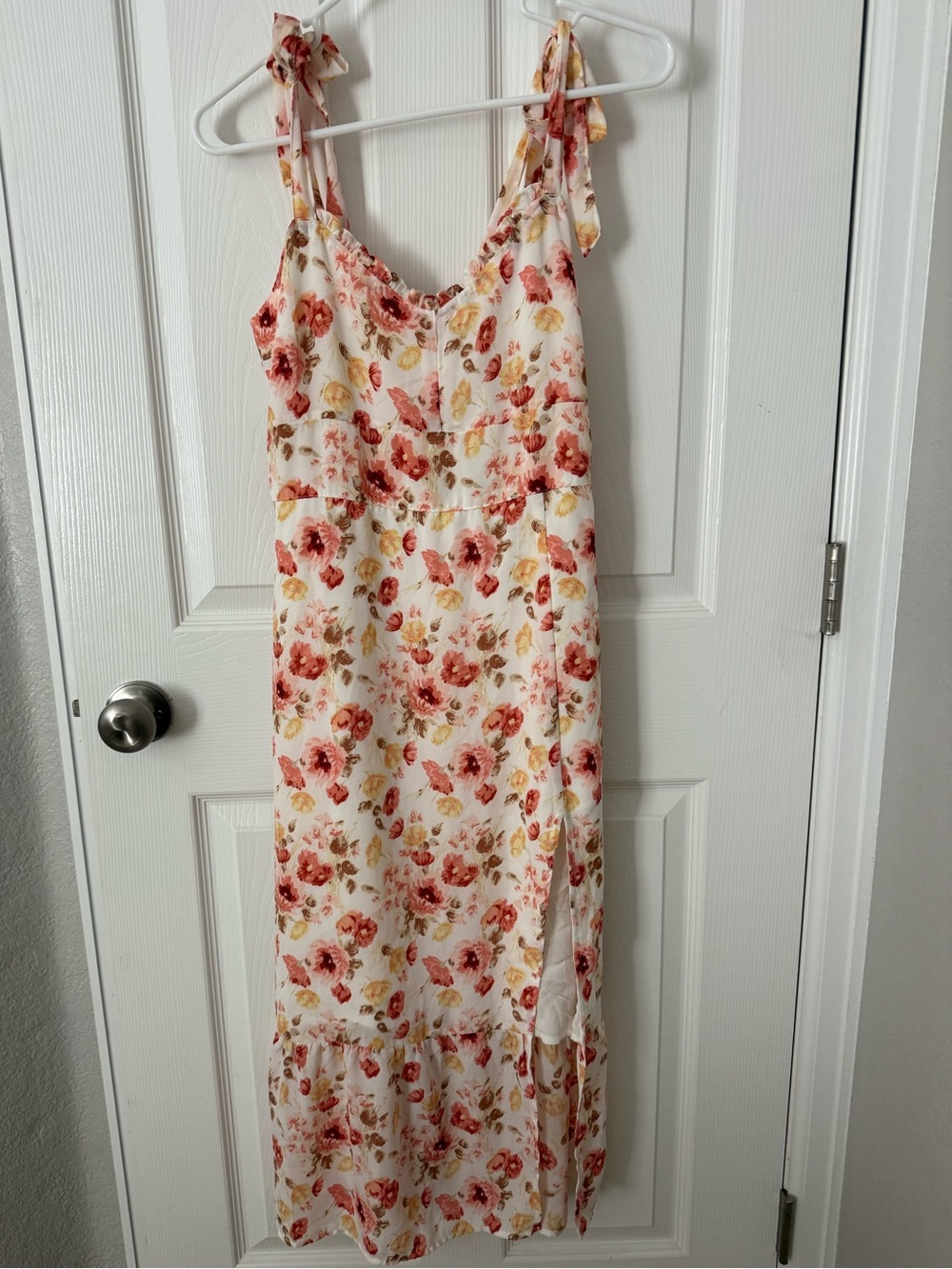 Floral Tie-Shoulder Midi Dress - Cream with Pink & Yellow Blooms